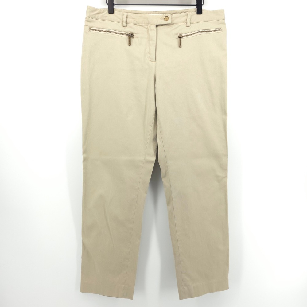 Michael Kors Womens Chino Pants Size 12 Beige Gold Zipper Trousers Luxury